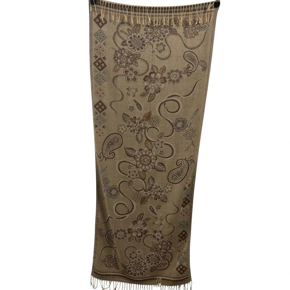 Tan Floral Paisley Jacquard Pashmina Wrap Scarf‎ Fringe Bohemian Shawl 70x26